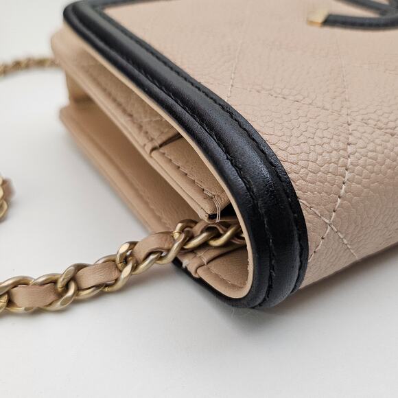 Chanel Caviar Quilted CC Filigree Wallet On Chain WOC Black Tan - Picture 6 of 11